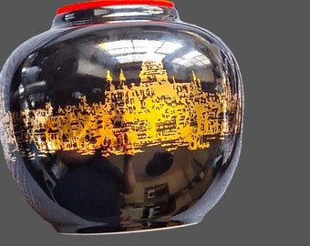 Vintage Tea holder vase tea canister ceramic Asian city scape gold