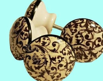 cream and dark brown toile / fleur de leis  4 button knobs pulls handles round vintage set of French inspired knobs