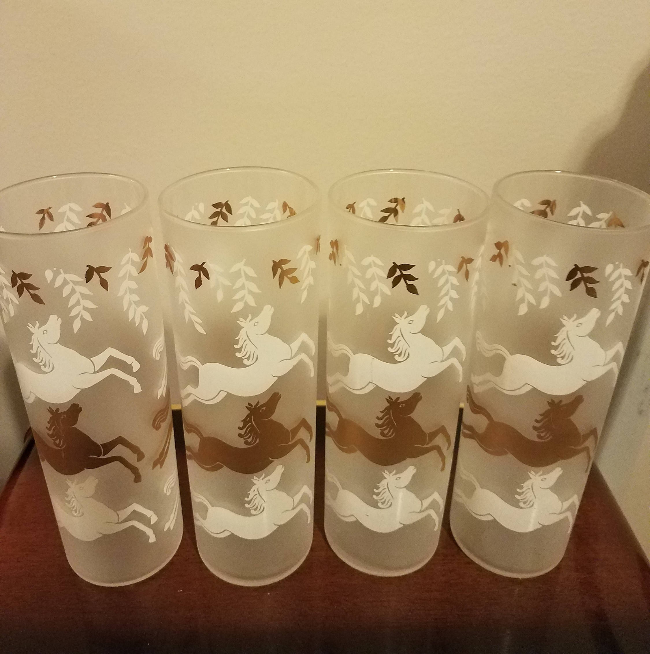 FREE SHIP Set of 4 frosted Libbey MCM horse highball glasses mid