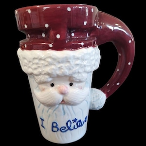 Vintage &quot;I Believe&quot; Santa Claus Christmas collectible mug with lid coffee cup mug for Christmas holiday ceramic hot cocoa mug removable lid