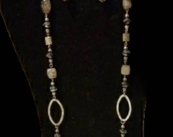Stunning artisan hand made jewelry set necklace and earrings glass, stone and metal handmade art jewelry vintage stone jewelry