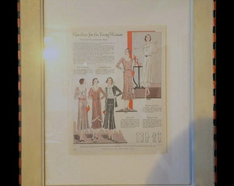Awesome larger Woman's World February 1931 womens fashion illustration in custom mid century modern frame
