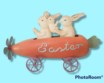 Precious metal Easter decor easter bunnies in carrot car primitive style easter decor