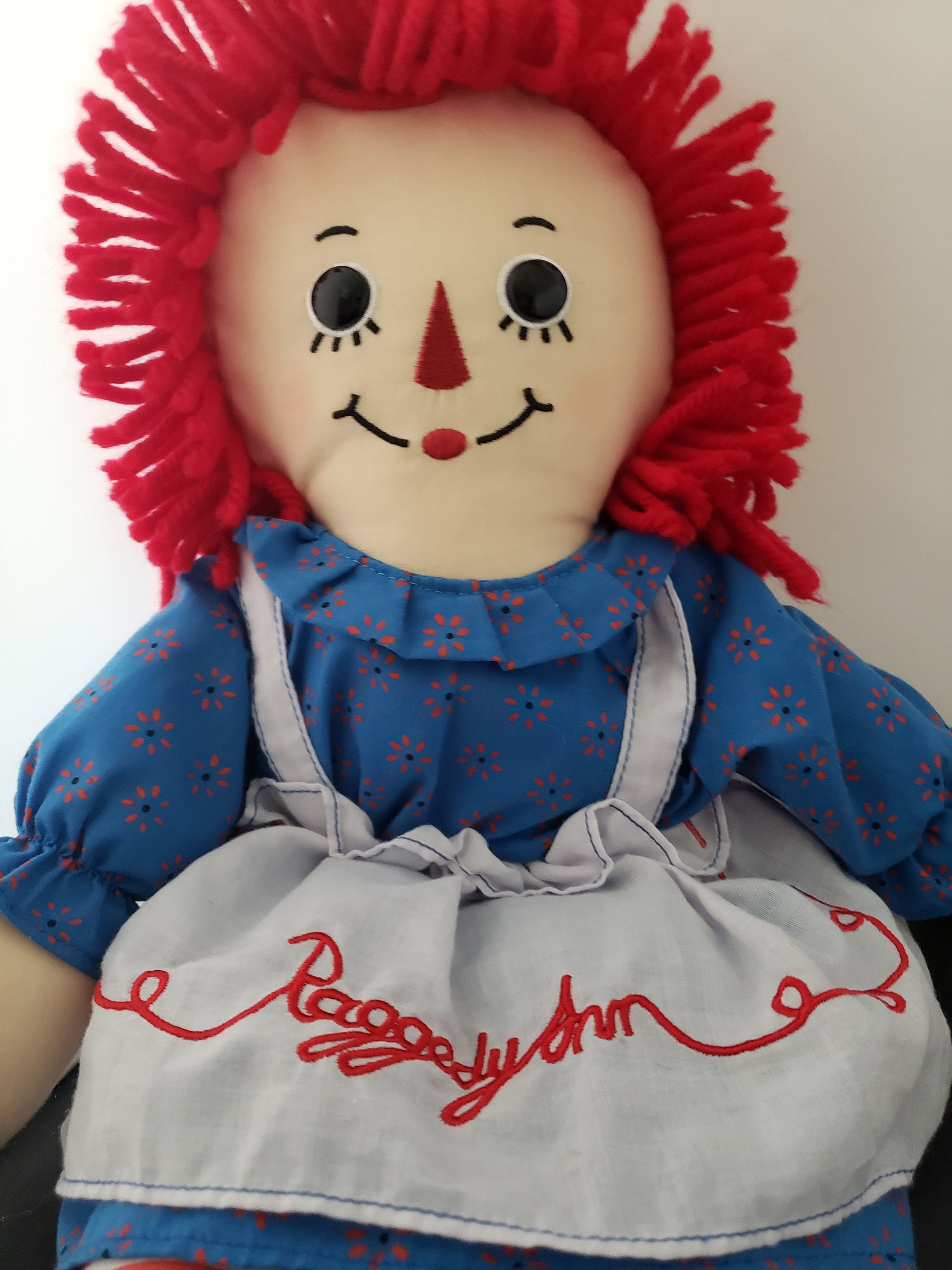 Vintage Raggedy ann cloth doll yarn hair and embroidered apron