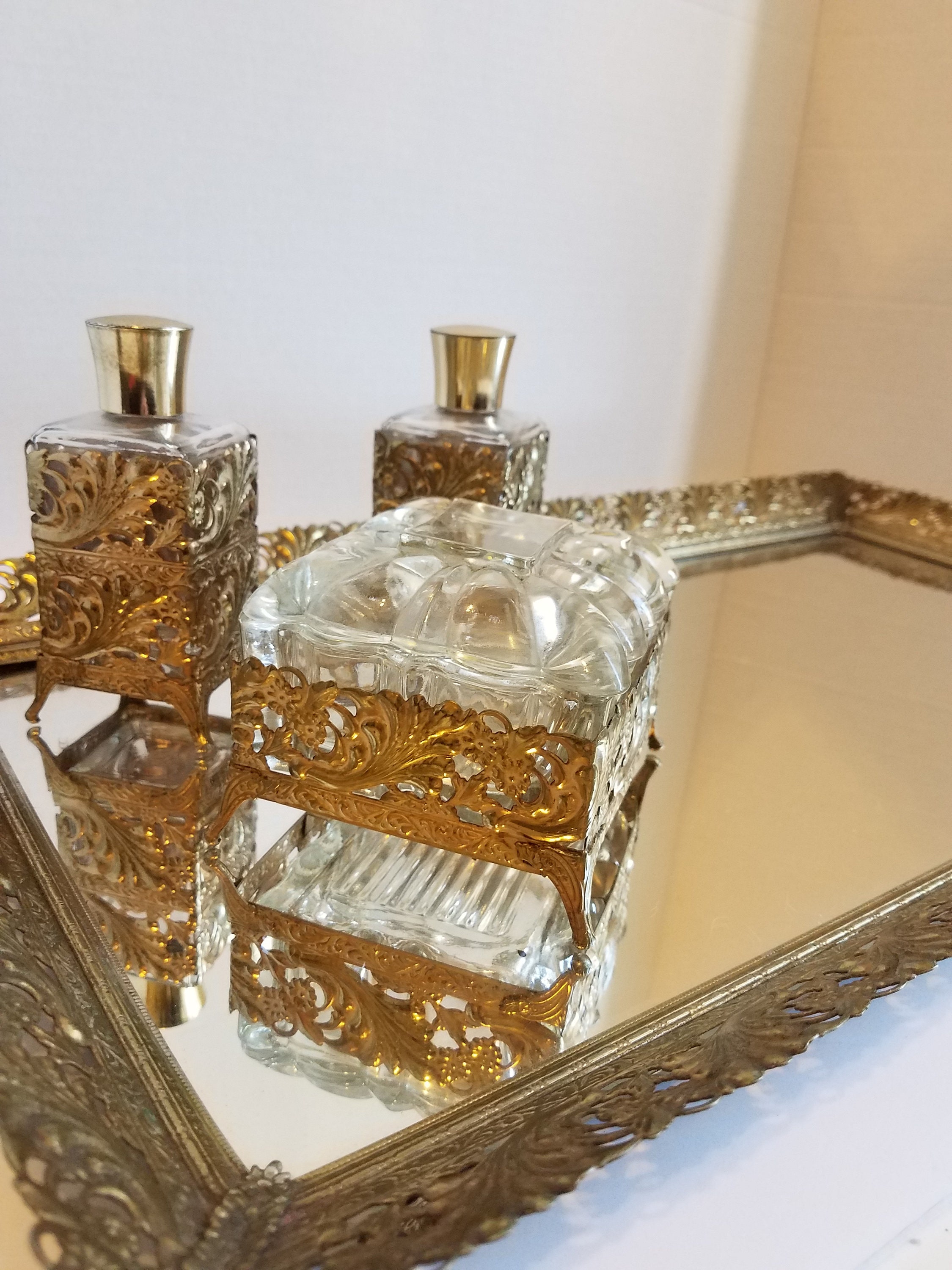 1960s large unique mirrored vanity tray set with jewelry box Etsy