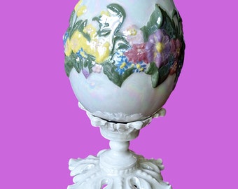 Vintage Easter porcelain egg and stand handmade beautiful display floral easter decor