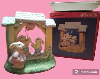 Vintage Artmark Fine Porcelain Bisque 3 Bunny Rabbits Ringing Bell Easter 1992 item #50655 in box
