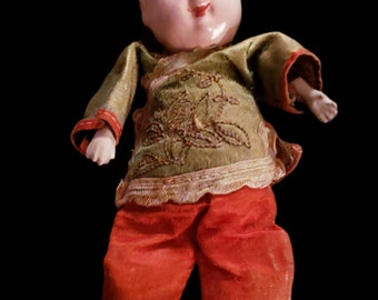 Antique Chinese composite boy doll in velvet pants and silk shirt and hat