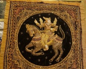 Beautiful antique mindon min dynasty burmese Kalaga tapestry of warrior on horse with velvet backing and amethyst colored beads