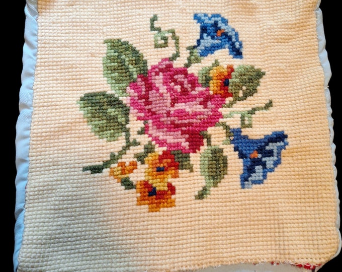 Cottage core vintage floral needlepoint pillow cover 16x16 circa 1940s pink roses with blue flowers