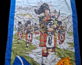 Vintage Scotland The Brave tea towel made in UK  large 17x27 banner flag display Scottish flags bagpipe players tim George art