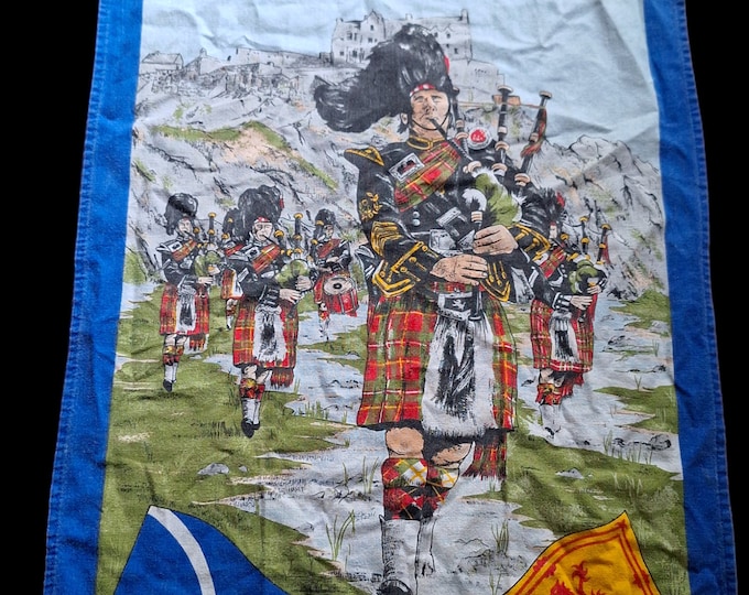 Vintage Scotland The Brave tea towel made in UK  large 17x27 banner flag display Scottish flags bagpipe players tim George art