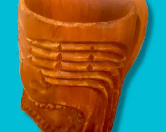 Vintage mid century 1960s wood tiki mug carved wood face tiki bar mug with the name Bob