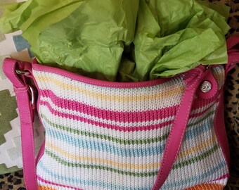Sweet pink crocheted shoulder bag purse by The Sack with pastel stripes