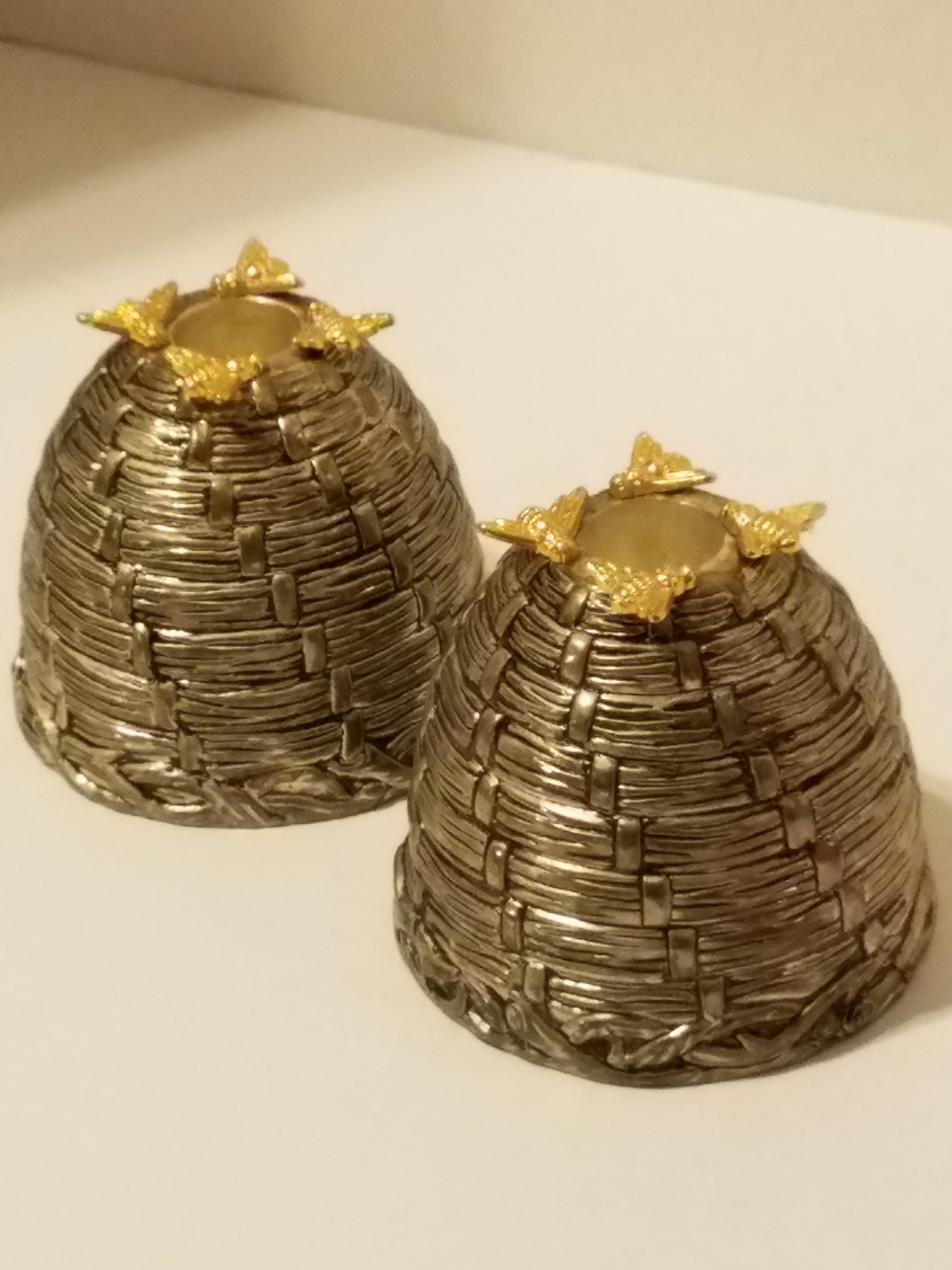 Pair of collectable vintage Godinger silver beehive gold bee candlestick  holders beehive candleholders