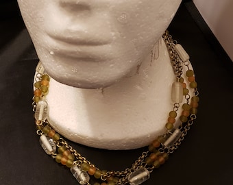 Vintage 60s mid century modern 3 strand necklace with silver chain, green peach and clear glass necklace