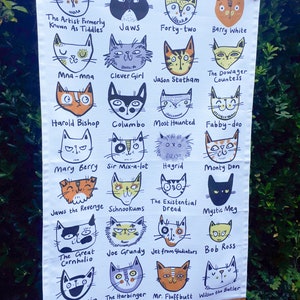 Funny cat tea towel, cute cat names dish cloth, illustrated cat kitchen gift