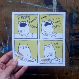 Greedy cat card, fussy eater card, cards for cat sitters, card for pet lovers, cat owner gift, funny cat cartoon