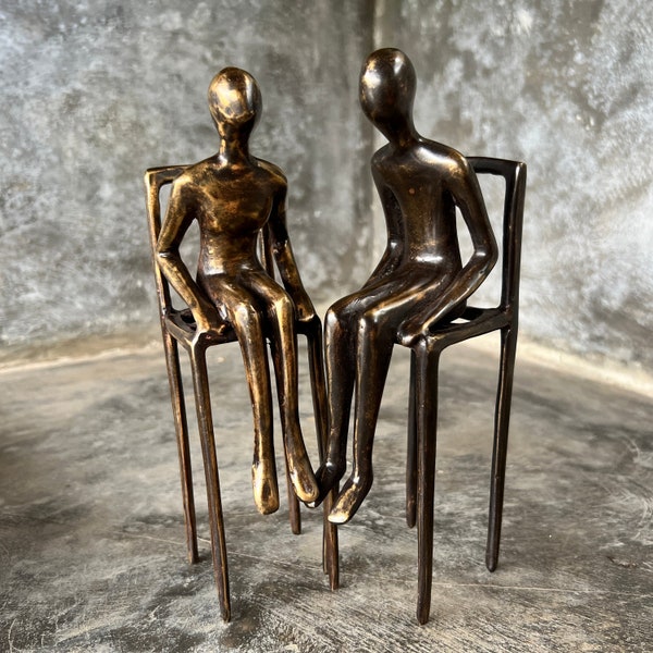 Bronze Set of 2 Figures Man and Woman on Chairs Sculpture Statue Figurine