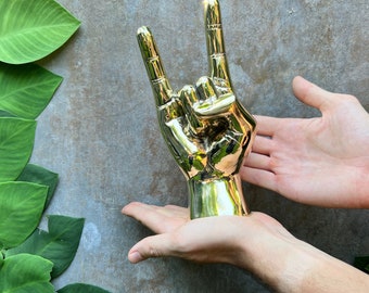 Bronze Rock On Hand Gesture Desk Sculpture Brass Horn Sign Hand Statue Figure Gold Polished Metal Music Statuette Rock and Roll Metal Sign