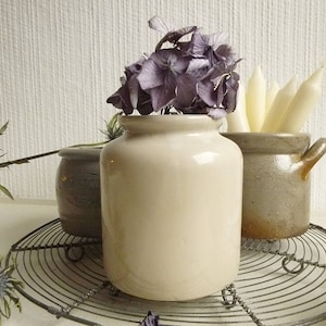 Set of three wonderful antique French Jam and Mustard Pots, ironstone, patina....CHARMANT!