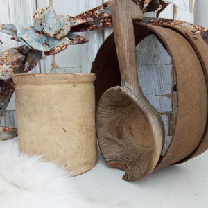 Preview...........antique french kitchen collection, wooden spoon, big jam pot, grain sieve....CHARMANT!