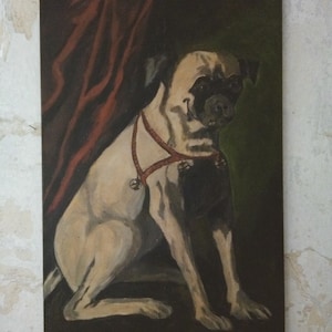 Cute find .... portrait painting on old canvas, Pug, dog, victorian style, edwardian, boudoir, bohemian, french living.CHARMANT!
