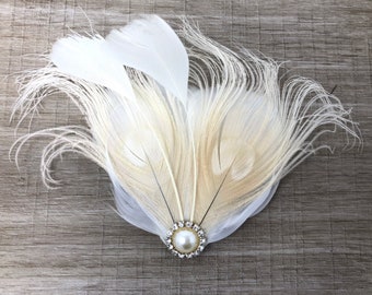 flower satin and white peak wedding Bridal fascinator or ivory pearls