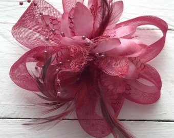 Looped Swirl Net and Feather Hair Fascinator in Deep purple