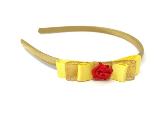 Princess Inspired Yellow Bow Headband for Girls – Fairytale Costume Hairband with Red Rose & Glitter Ribbon – Princess Dress Up