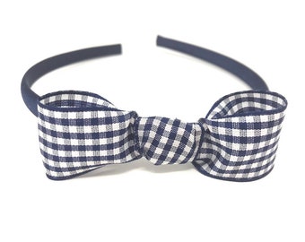 Navy Gingham Bow Headband – Handmade Hair Band – Classic Fairytale Princess Costume Accessory – School Uniform Hair Accessory