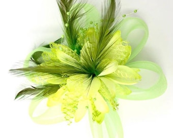 Lime Green Fascinator, Wedding Guest Headpiece, Royal Ascot Hat, Ladies Day Races Fascinator, Feather Hair Accessory