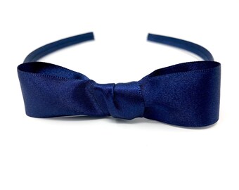 Navy Bow Headband – Handmade Satin Ribbon Hair Band – Wide Classic School Girl Bow – School Uniform Hair Accessory
