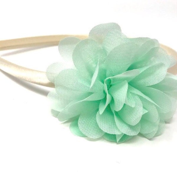 Ivory Satin Hairband Mint Green Chiffon Flower Headband