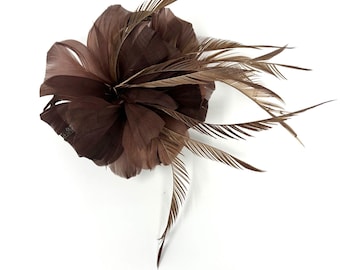 Brown Feather Fascinator, Wedding Guest Headpiece, Race Day Fascinator Hat, Elegant Feather Hair Clip, Ladies Occasion Headwear