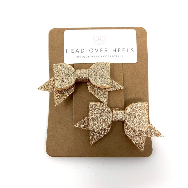 Set of 2 Gold Sparkly Bow Hair Clips