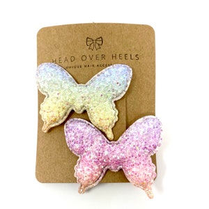 Baby Pink Butterfly Hair Clips with Pink Rainbow Glitter Butterfly