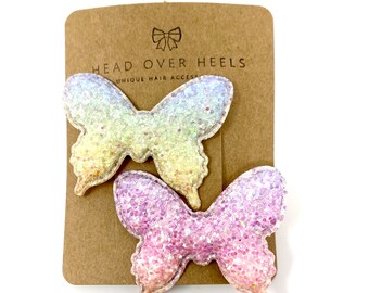 Fermagli per capelli a forma di farfalla rosa con glitter arcobaleno rosa