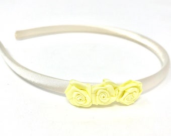 Ivory Satin Hairband with Yellow Satin Flowers Spring Summer Hair accessory