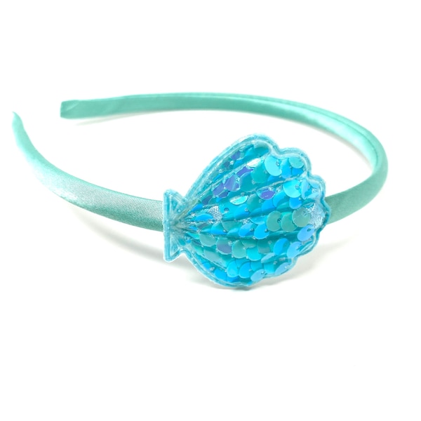 Blue Shell Headband hairband with Blue Sparkly Shell Mermaid Aqua SatinHeadband Aliceband