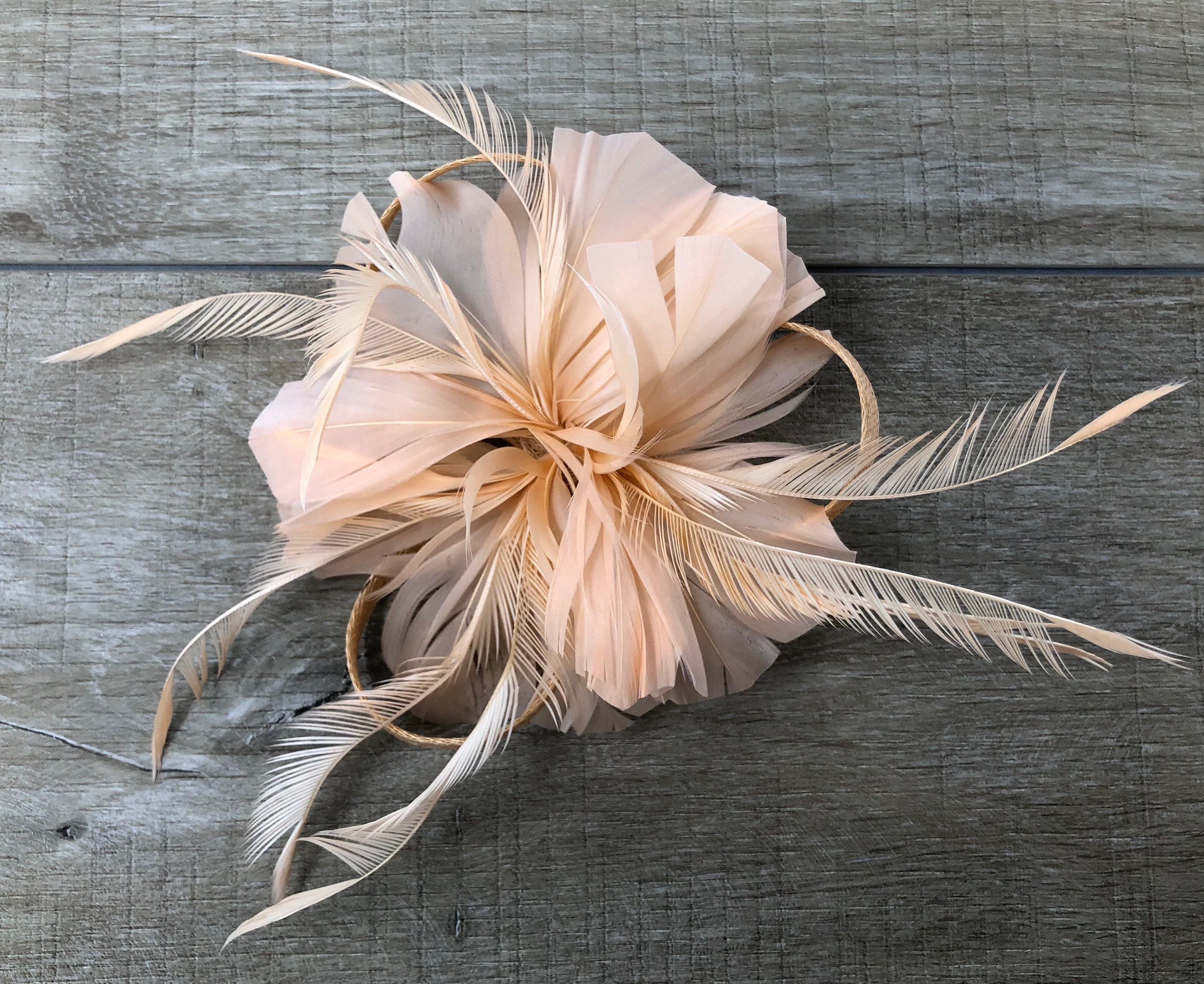 Elegant Peach Feather Fascinator with Golden Peach Trim il_fullxfull.4936619293_llrj.jpg main image 3