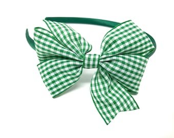 Green Gingham Bow Headband Hairband Alice band