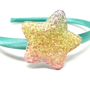 Pastel Glitter Star Headband with Aqua Satin Headband Rainbow Glitter Star