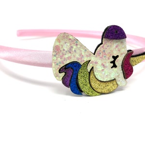 Baby Pink Satin hairband with Rainbow Glitter Sparkly Unicorn