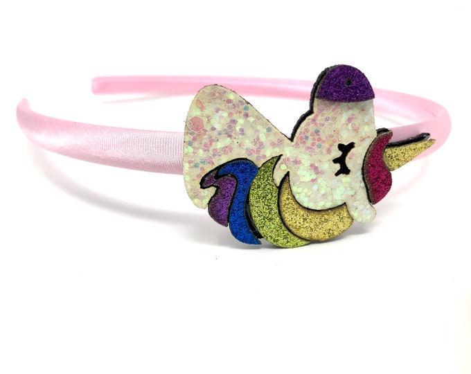 Baby Pink Satin hairband with Rainbow Glitter Sparkly Unicorn