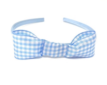 Blue Gingham Bow Headband – Handmade Ribbon Hair Band – Wide Classic School Girl Bow – World Book Day Costume Accessory – Fancy Dress