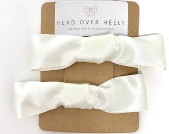 Ivory Bow Hair Clip Satin Hair Accessory set off 2 Bridesmaid Flower Girl