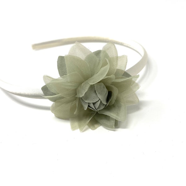 Sage Green Flower Headband with Ivory Satin Headband