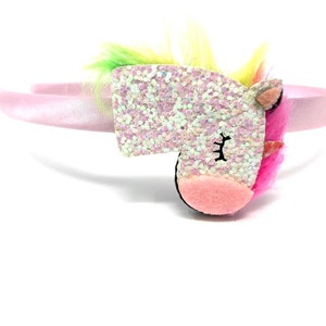 Baby Pink Satin hairband with Rainbow Glitter Sparkly Unicorn