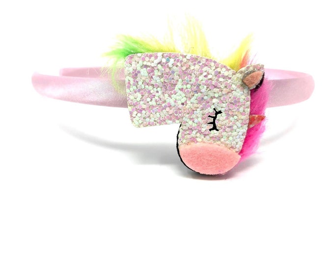 Baby Pink Satin hairband with Rainbow Glitter Sparkly Unicorn